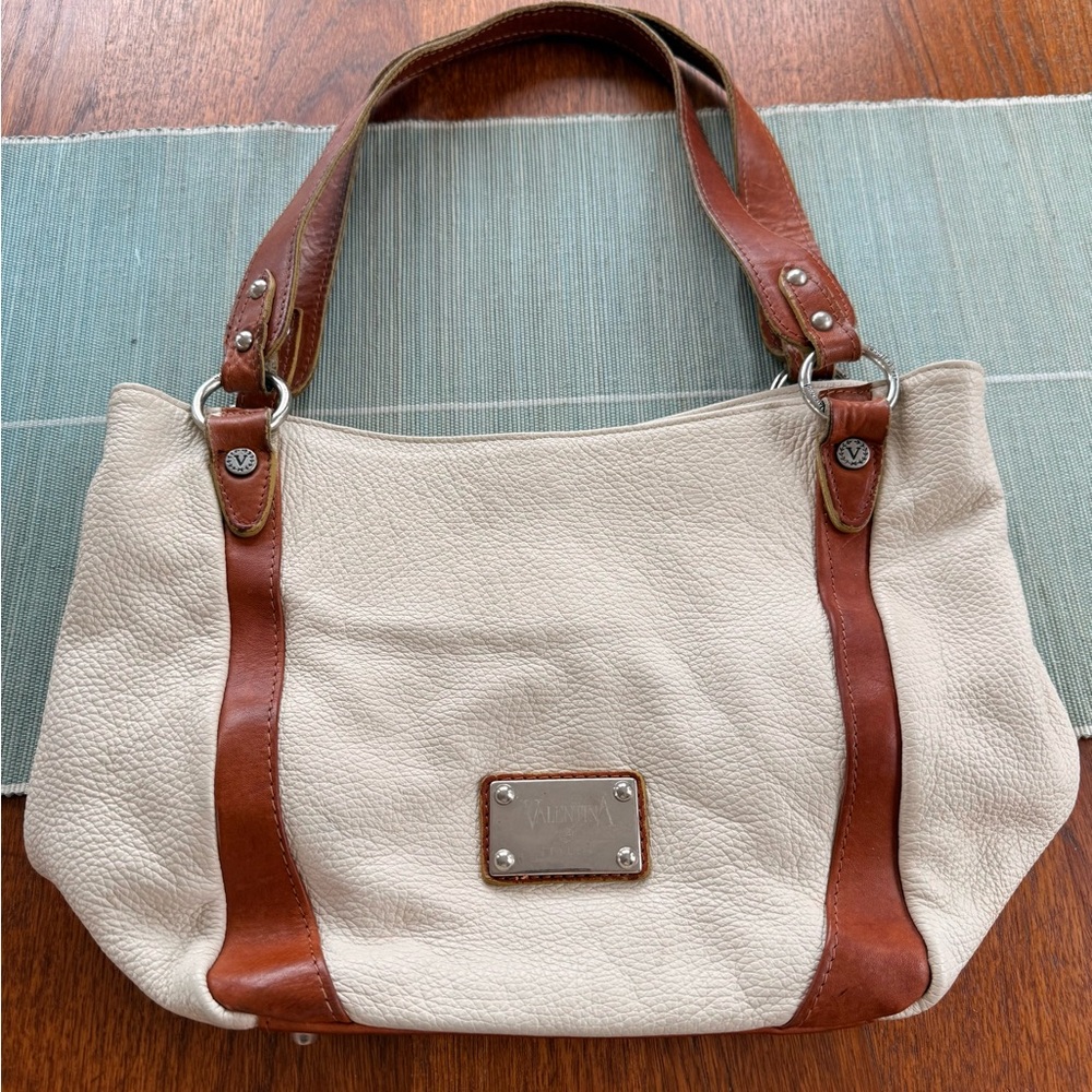 Valentina Italy Genuine Leather Tote - Cream & Cognac - Made in Italy